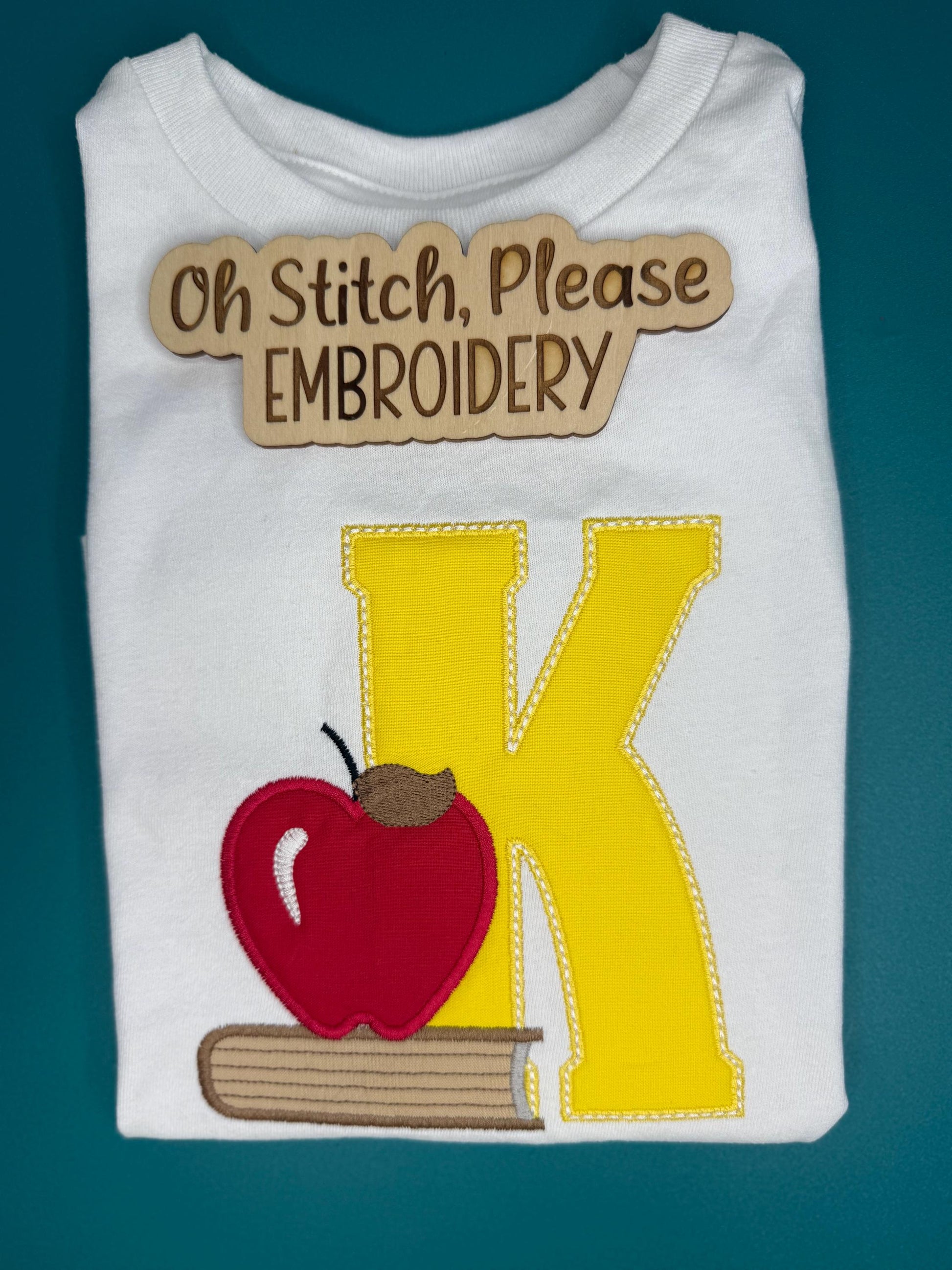 Back to School Initial applique embroidered with book and apple