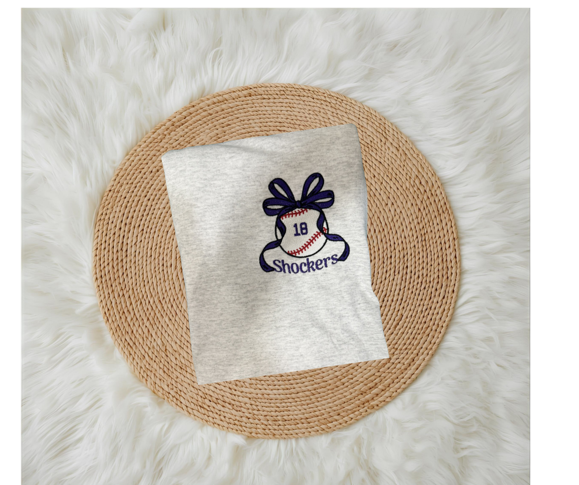 Baseball With Fancy Bow with (or without) team name (Filled Stitch)