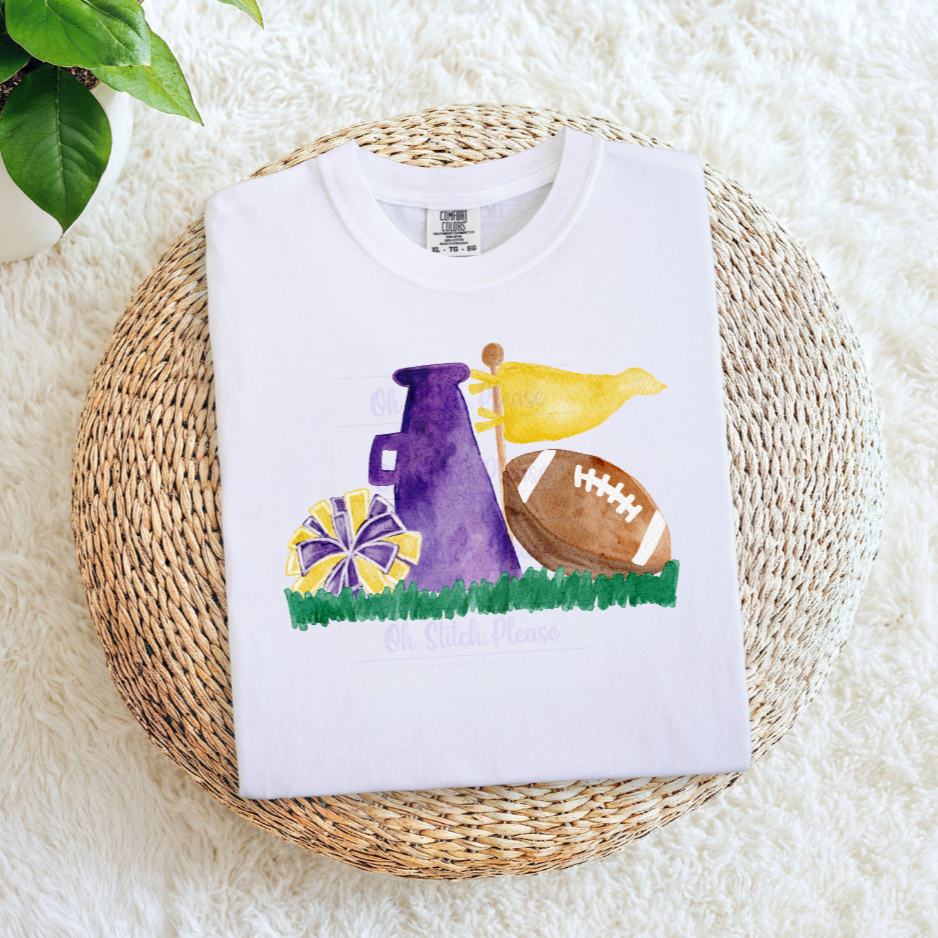 Purple & Gold Cheer Megaphone, Football and Pom-Poms