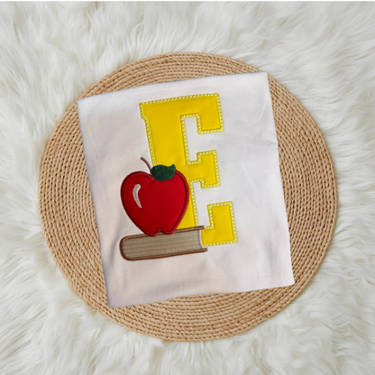 Books and Apple with Large Applique Initial