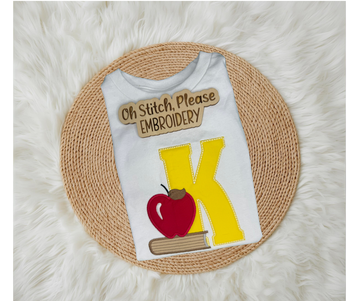 Books and Apple with Large Applique Initial