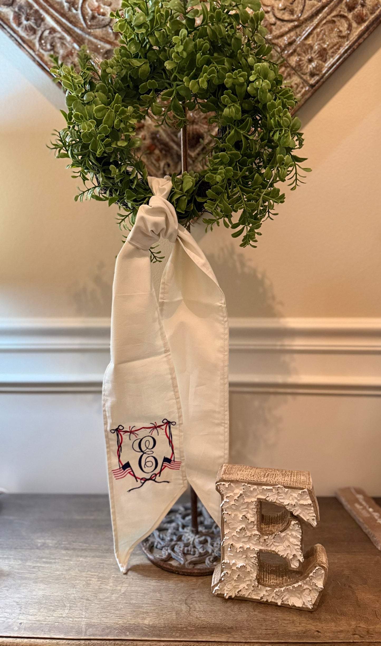 Fourth of July Crest with Initial Embroidered on Wreath Sash