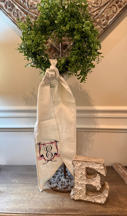 Fourth of July Crest with Initial Embroidered on Wreath Sash