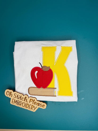 Back to School Initial applique embroidered with book and apple